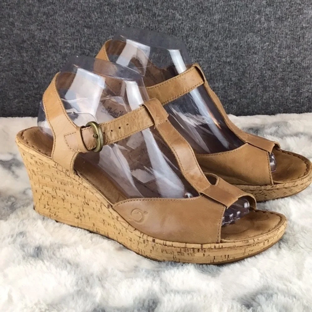 Born Leather Sandals‎ Cork Wedge T-Strap Platform Boho Wedge Sz 10